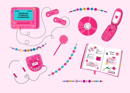Y2K elements set. Disk, cd-player, retro console, burn book, Flip Phone, Bracelets from plastic beads, notebook and fluffy pen. Flat vector illustration isolated on white backgroundのイラスト素材