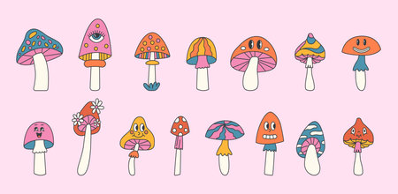 Groovy mushrooms retro setのイラスト素材