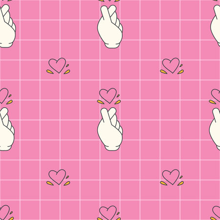 Groovy seamless pattern with hand and heart for design and print. 70s, 80s, 90s elements.のイラスト素材