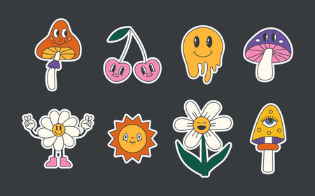 Retro 70s hippie stickers, psychedelic groovy elements. Cartoon funky mushrooms, flowers, cherry, sun, vintage hippy style element vector set.のイラスト素材