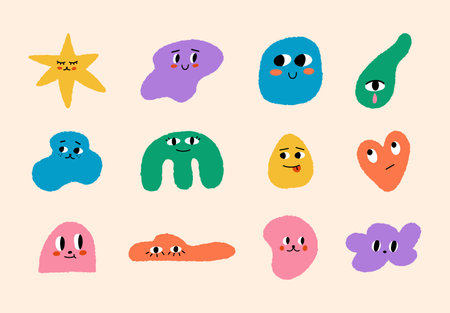 Set of colorful abstract shape cartoon characters. Trendy 90s style funny art background collection with faces and drawing doodle.のイラスト素材