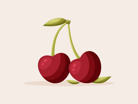 Fresh cartoon red pair cherries icon logo emblem. Vector illustration.のイラスト素材