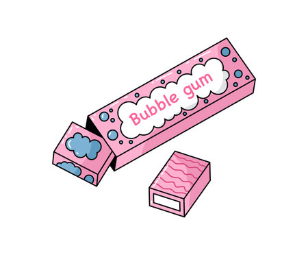 Chewing bubble gum in pink package. Gum box packaging. Flat vector illustration in cartoon style isolated on white background.のイラスト素材