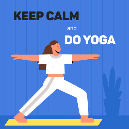 Young woman doing yoga exercises, practicing meditation and stretching on the mat. Female character in yoga studio or home. Trendy flat vector illustration.のイラスト素材