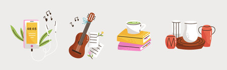 Set of colorful hobbies illustration. Modern stickers with phone with music, potters wheel, ceramics, books, guitar. Cartoon flat vector collection.のイラスト素材