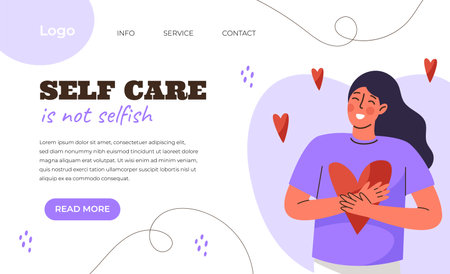 Self care is not selfish banner with woman hug heart. Self care landing page. Bright flat vector illustration.のイラスト素材
