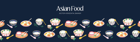Asian food web banner, thai food, japanese food, chinese food.Horizontal banner. Chinese and Taiwanese festivals. Lantern Festival. Vector flat illustration.のイラスト素材