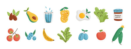 Healthy food colorful set. Drink water, eat vegetables, nuts, fruits. Flar vector cartoon illustration isolated on white backgroundのイラスト素材