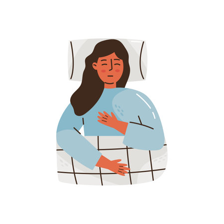The concept of healthy sleep and self with a sleeping girl. Flat vector illustration isolated on white backgroundのイラスト素材