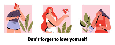 Self care set with beautiful women. Text dont forget to love yourself. Motivation to take time for yourself. Flat vector illustration.のイラスト素材