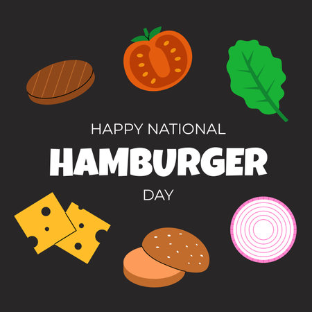 National Burger Day with hamburger ingredients. Suitable for greeting card, poster and banner. Flat Vector Illustration.のイラスト素材
