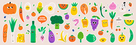 Healthy food characters sticker packのイラスト素材