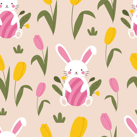 Pattern with cute bunnies and tulipsのイラスト素材