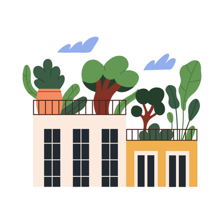 Green building with plants on roofのイラスト素材
