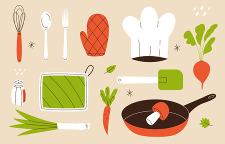Kitchen utensils and foodのイラスト素材