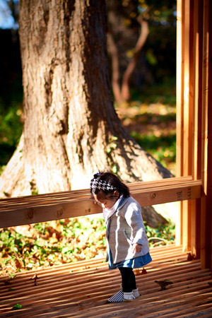 Baby girl standing on the wood bench in the parkの写真素材