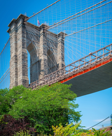 New York Brooklyn bridge viewed directly from belowの写真素材