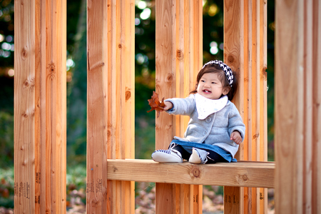Baby girl sitting on the wood bench in the parkの写真素材