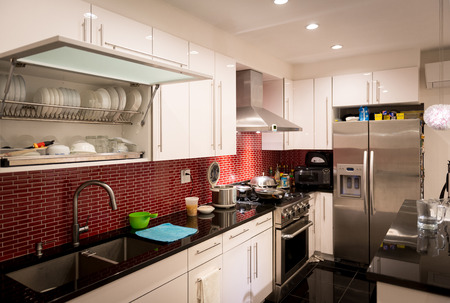 Modern designed kitchen with electrics and appliances.の写真素材