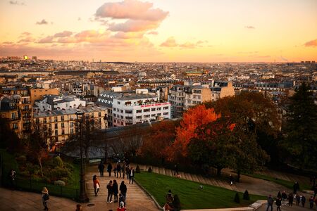 Paris, France - November 2017: Paris city view from the high ground of the famous Sacre Coeur Cathedral during the beautiful sunset.のeditorial素材