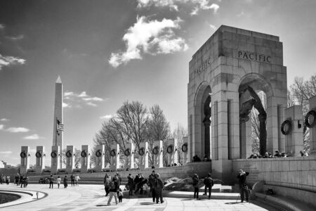 Washington DC, USA - April 2018: World World II Memorial Pacific section in black and white. Each pillar represents a state.のeditorial素材
