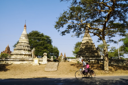 Trishaw on road near Nyaung U, Bagan, Myanmarのeditorial素材