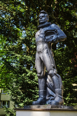 Sculpture of a jet pilot in front of former Kommandantenvilla in Waldstadt W?nsdorf, Brandenburg, Germanyのeditorial素材