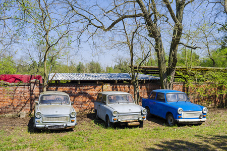 Three parked Trabant cars, Saxony-Anhalt, Germanyのeditorial素材