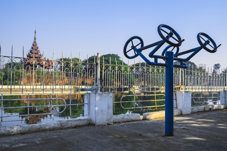 Gym machine at canal, Mandalay, Myanmar, Asiaのeditorial素材