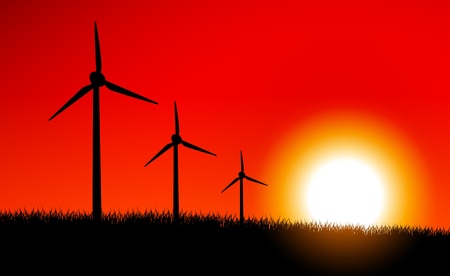 Sunset above field with windmillsのイラスト素材