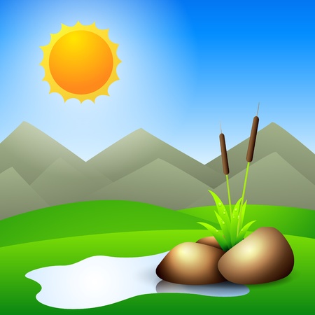 Pond scenery with mountains and sunのイラスト素材
