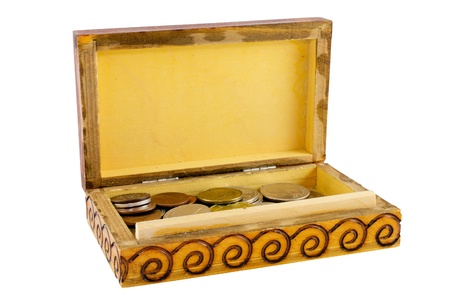 Open wooden box with coins isolated