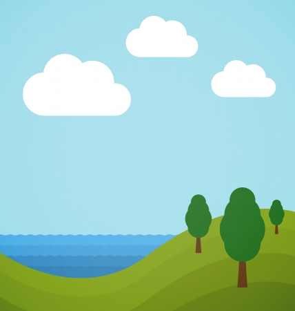 Flat landscape illustration with trees, sea and cloudsのイラスト素材