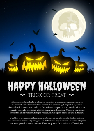 Halloween pumpkins on grass with moon and batsのイラスト素材
