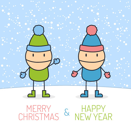 Merry Christmas card with two kidsのイラスト素材