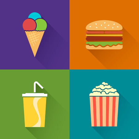 Flat food symbols with long shadow, ice-cream, hamburger, soda, popcornのイラスト素材