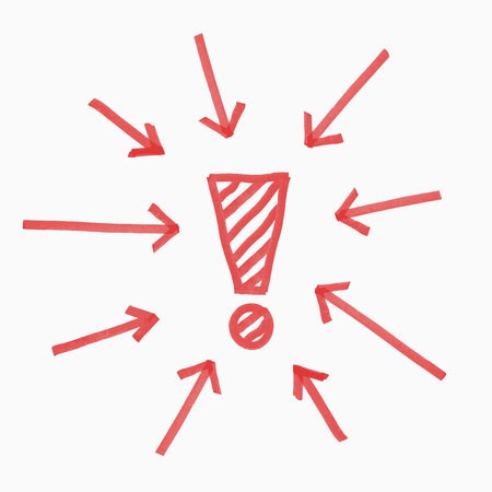 Hand drawn exclamation mark, circle of arrows, red color, vector illustrationのイラスト素材