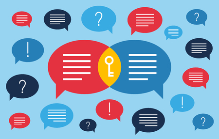 Communication is the key, Two speech bubbles and key symbol, Business illustration vectorのイラスト素材