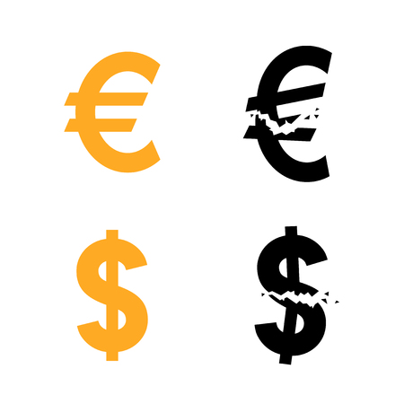 Euro and dollar currency symbol and their broken variant, vector illustrationのイラスト素材
