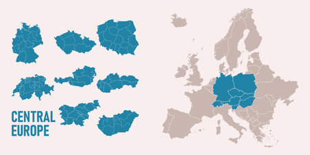 Central Europe map. Switzerland, Germany, Poland, Hungary, Austria maps with regions. Europe map isolated on white background. High detailed. Vector illustrationのイラスト素材