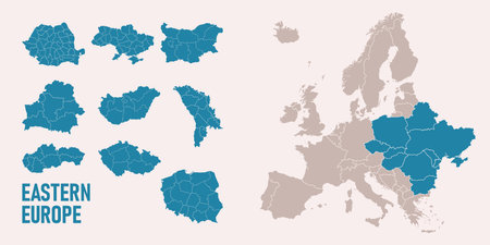 Eastern Europe map. Ukraine, Belarus, Moldova, Romania, Bulgaria, Hungary, Slovakia, Czechia, Poland maps with regions. Europe map isolated on white background. High detailed.のイラスト素材