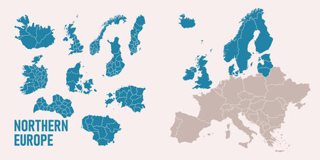 Northern Europe map. Iceland, Ireland, United Kingdom, Denmark, Norway, Sweden, Finland, Estonia, Latvia, Lihtuania maps with regions. Europe map isolated on white background.のイラスト素材