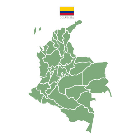 Colored (green) silhouette map of Columbia with the outline of regions. Vector illustration with a flagのイラスト素材