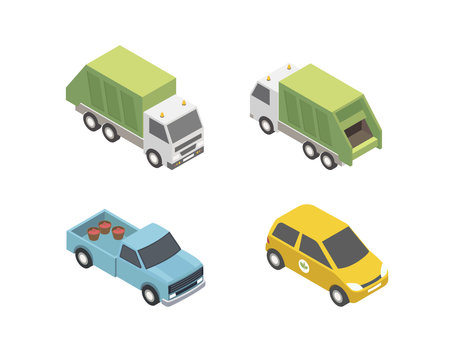 Transportation illustration set. Isometric car, garbage truck, cargo minivan Eco friendly vehicle concept. Vector illustration.のイラスト素材