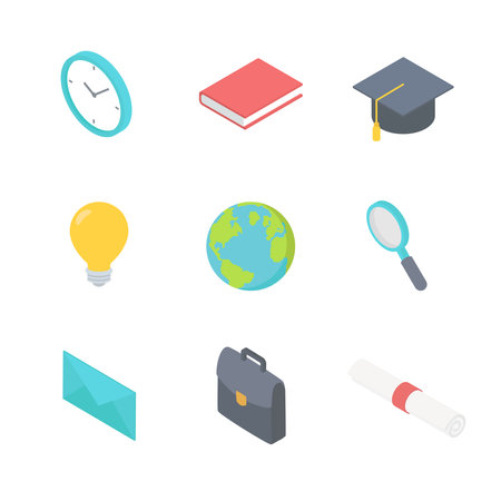 Business elements isometric set. Collection of education symbols. Book, lamp, clock, diploma, master's cap, envelope, idea lamp.のイラスト素材