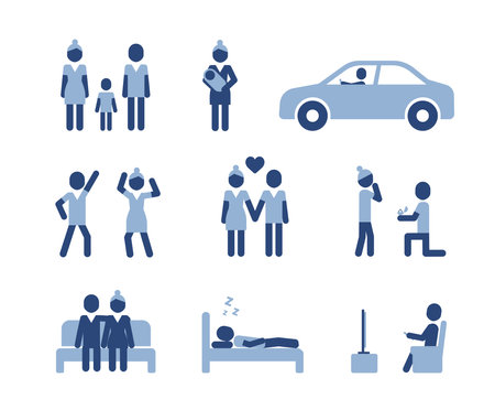 Family in real daily moments of life pictograms. Parents and children, couple, wife and husband icons. Family car trip.のイラスト素材
