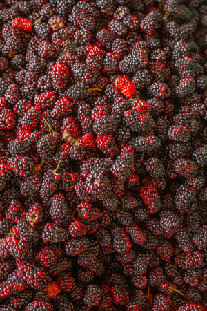 Vertical close-up of hundreds of fresh blackberries with rough texture and colors from unripe red to...