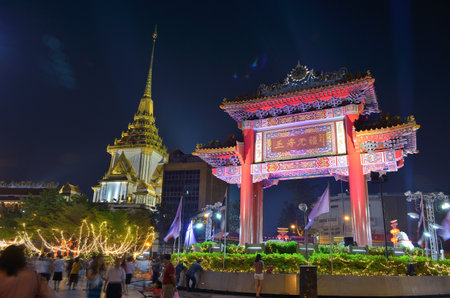 The celebration arch and temple at china town of bangkok thailandのeditorial素材