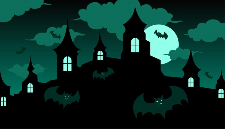 halloween castle and green batsの写真素材