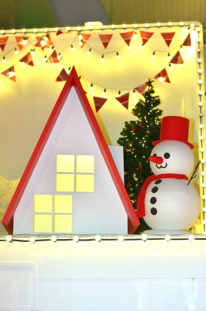 snowman and white  house on the backdropの写真素材